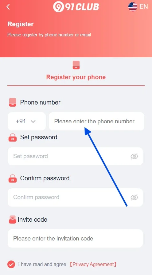 enter the phone number to register